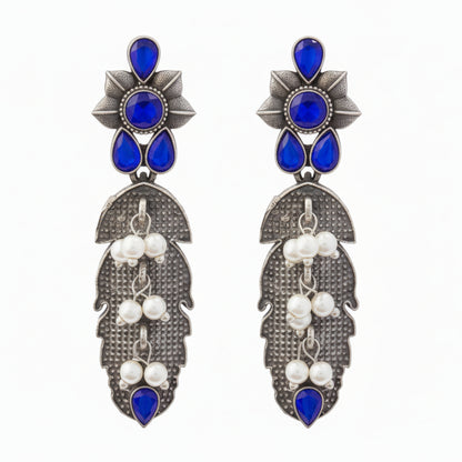 MotiPatra- Silver Brass Pearl dangler earrings (Blue)