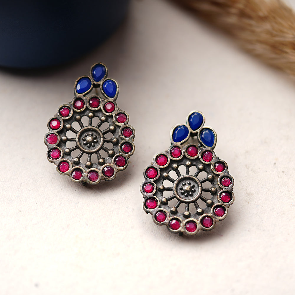 Gulabika- Silver Brass Stone-Studded Stud Earrings(Pink)