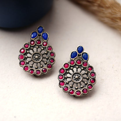 Gulabika- Silver Brass Stone-Studded Stud Earrings(Pink)