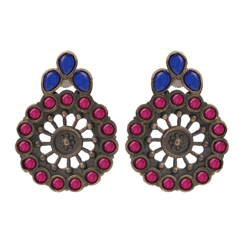 Gulabika- Silver Brass Stone-Studded Stud Earrings(Pink)
