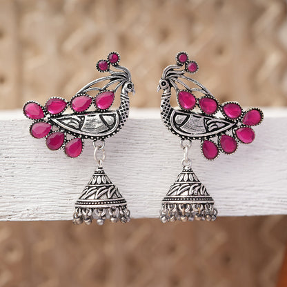 ChandMor- Silver Brass Pearl jhumka earrings (Peacock)