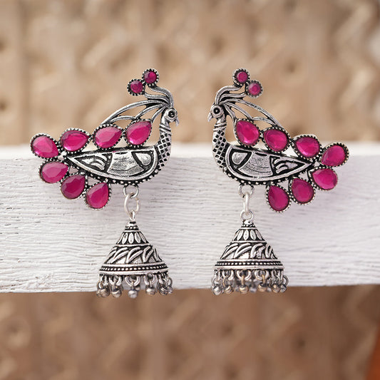 ChandMor- Silver Brass Pearl jhumka earrings (Peacock)