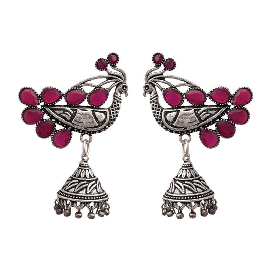 ChandMor- Silver Brass Pearl jhumka earrings (Red)