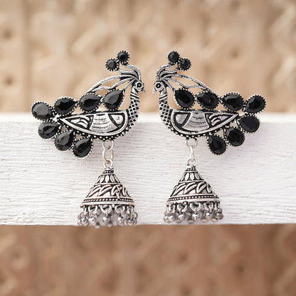 ChandMor- Silver Brass Pearl jhumka earrings (Black)