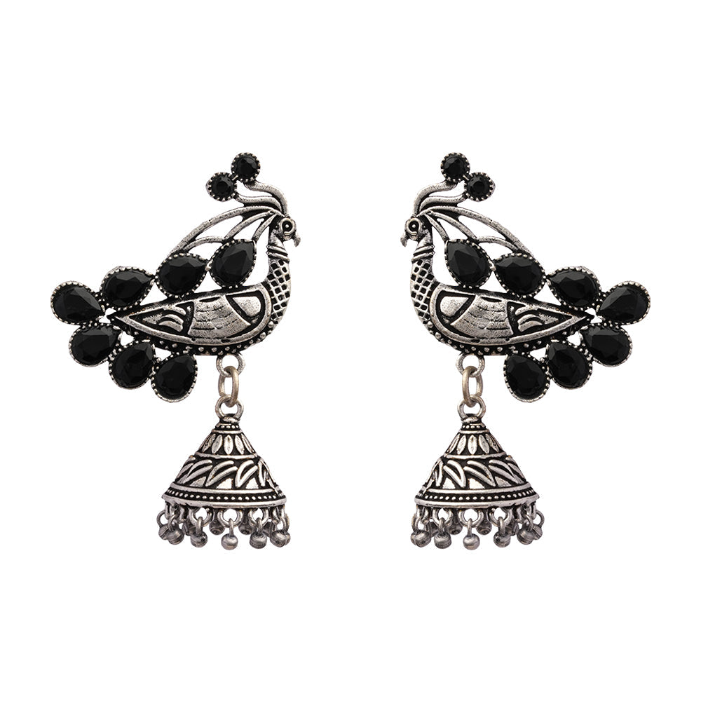 ChandMor- Silver Brass Pearl jhumka earrings (Black)