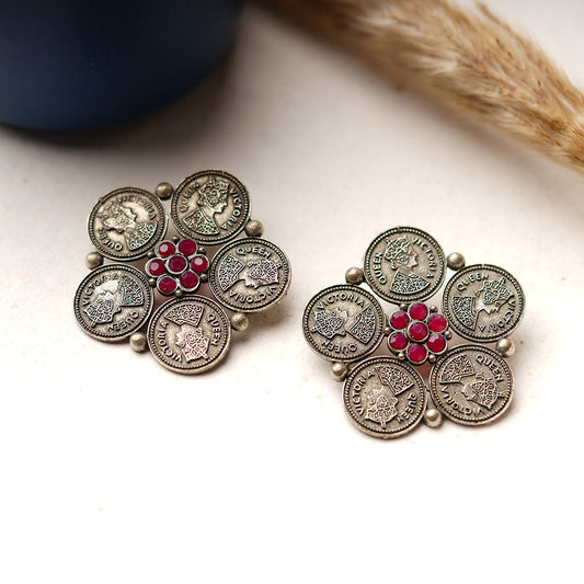 MudraPushp- Silver Brass Oxidised Stud Earrings(Red)