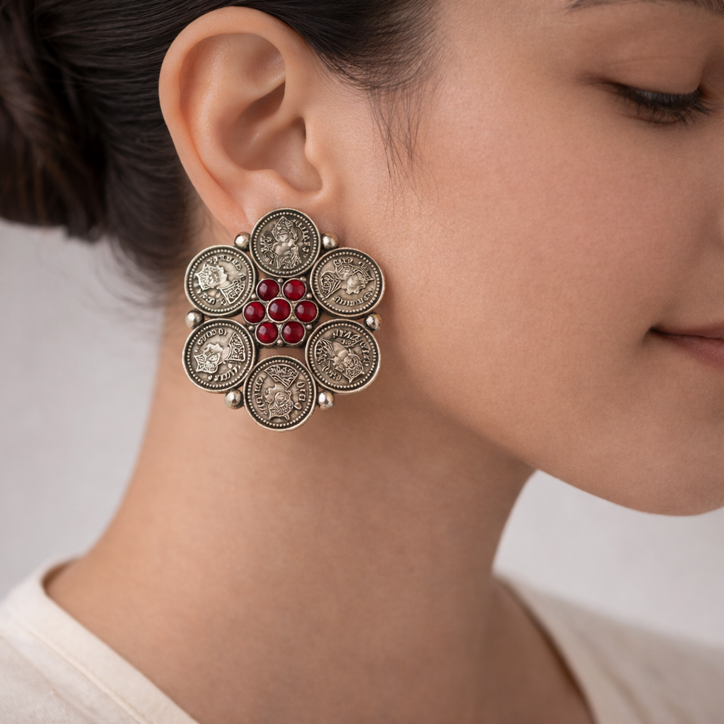 MudraPushp- Silver Brass Oxidised Stud Earrings(Red)