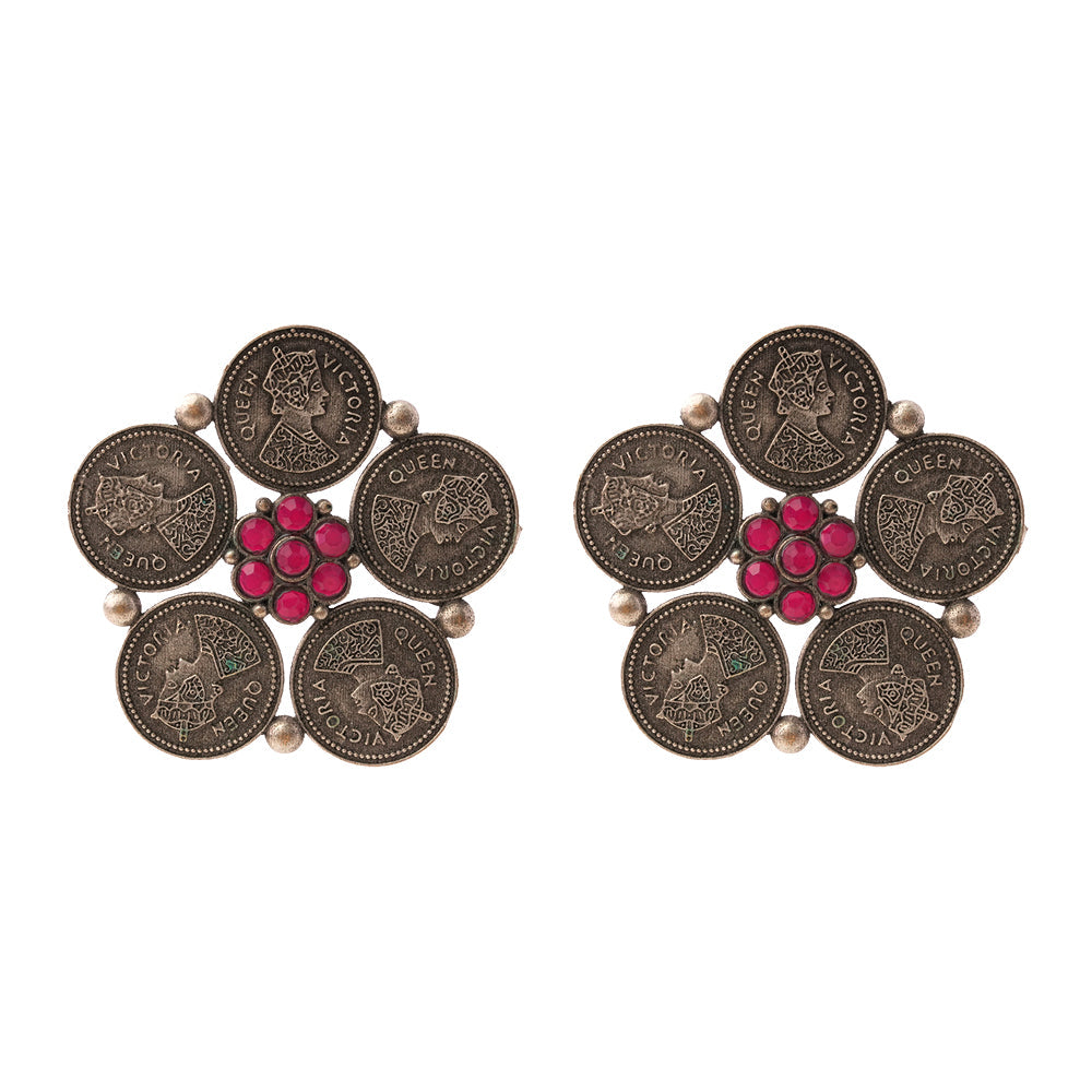 MudraPushp- Silver Brass Oxidised Stud Earrings(Red)