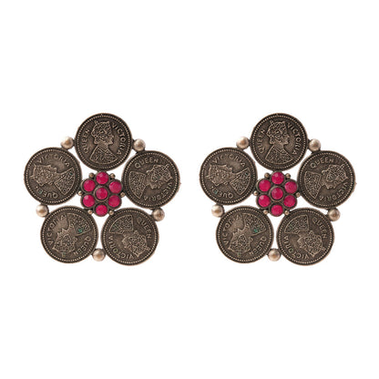 MudraPushp- Silver Brass Oxidised Stud Earrings(Red)