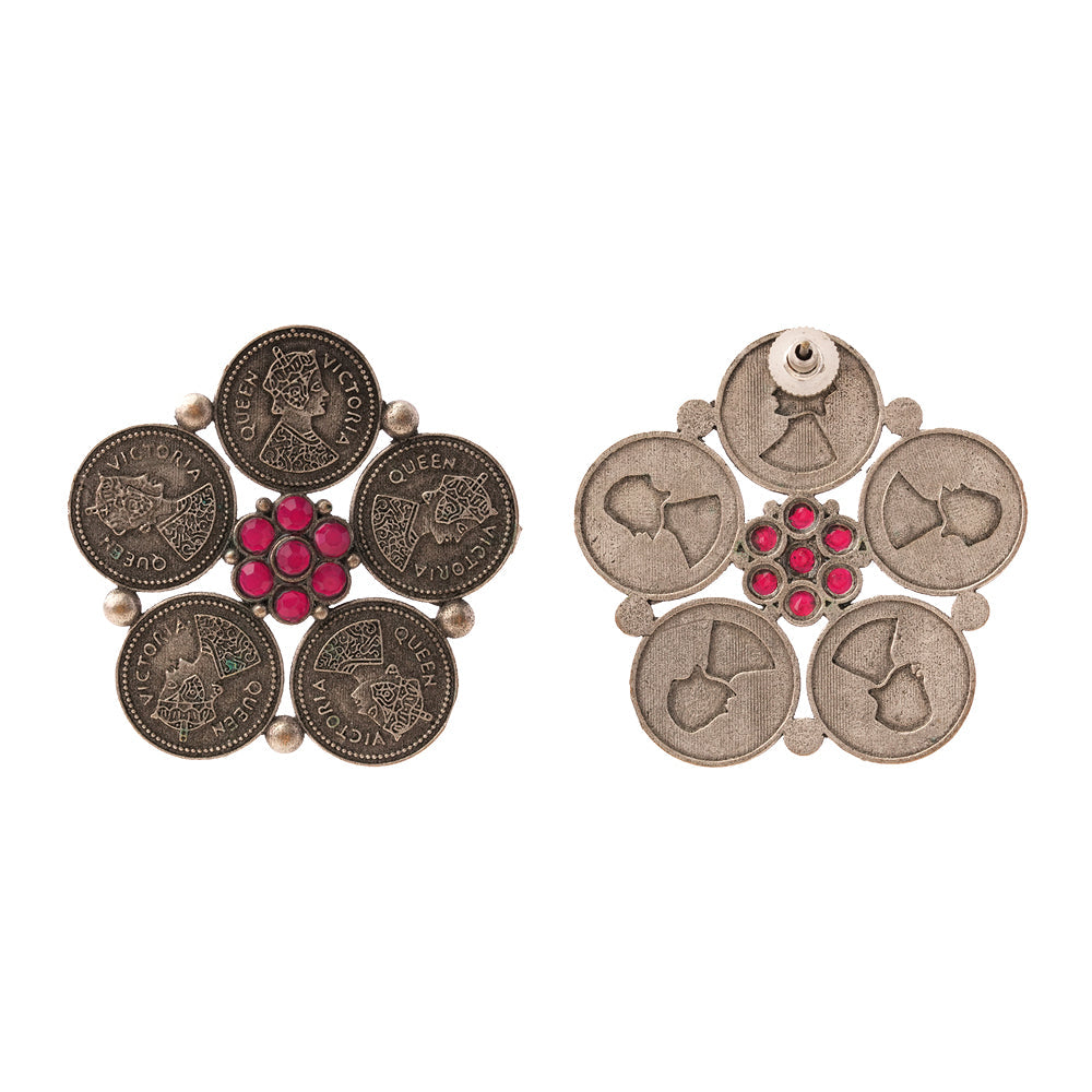 MudraPushp- Silver Brass Oxidised Stud Earrings(Red)