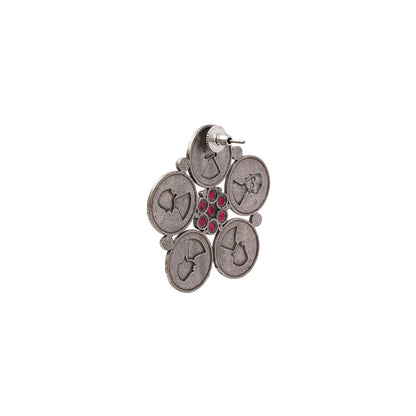 MudraPushp- Silver Brass Oxidised Stud Earrings(Red)