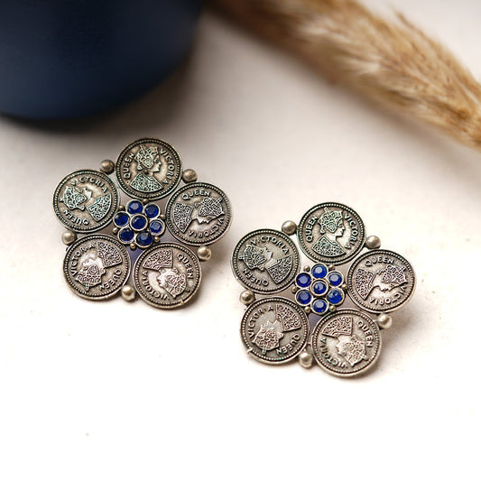 MudraPushp- Silver Brass Oxidised Stud Earrings(Blue)