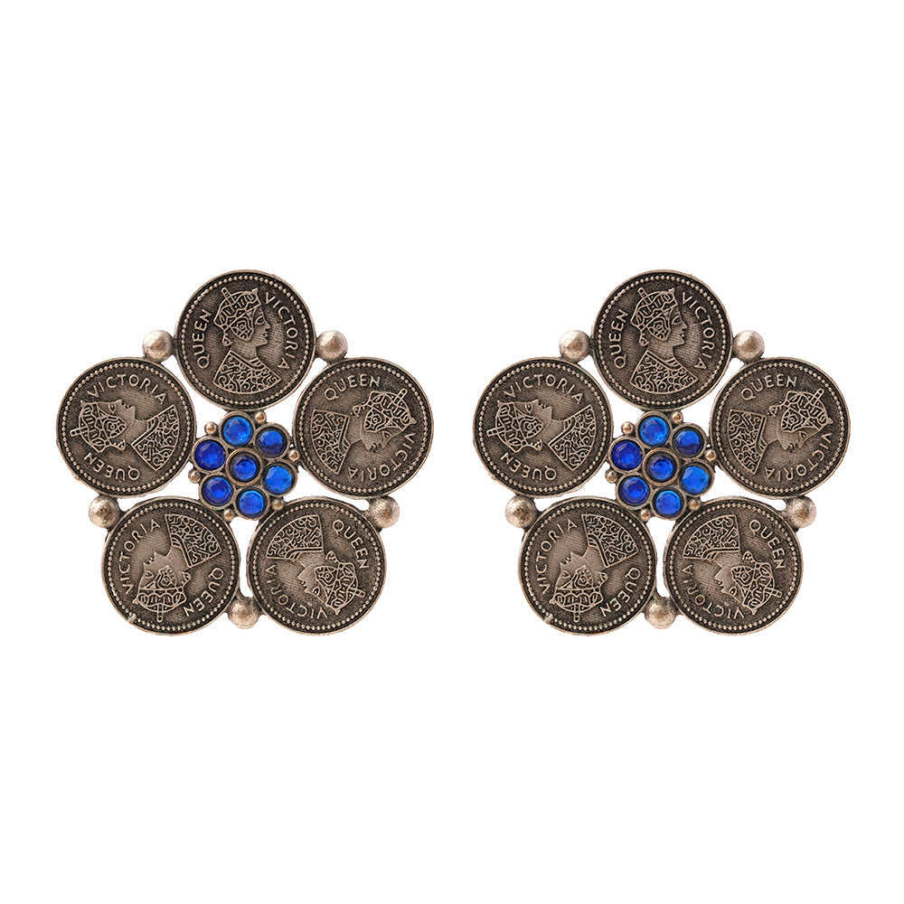 MudraPushp- Silver Brass Oxidised Stud Earrings(Blue)