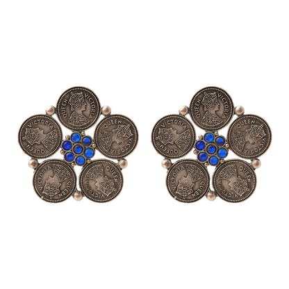 MudraPushp- Silver Brass Oxidised Stud Earrings(Blue)