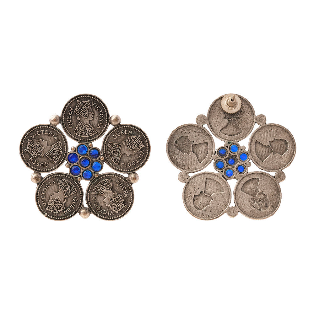 MudraPushp- Silver Brass Oxidised Stud Earrings(Blue)