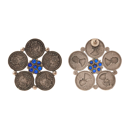 MudraPushp- Silver Brass Oxidised Stud Earrings(Blue)