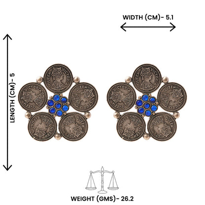 MudraPushp- Silver Brass Oxidised Stud Earrings(Blue)