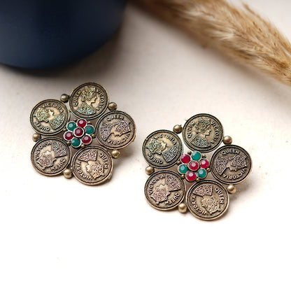 MudraPushp- Silver Brass Oxidised Stud Earrings(Multicolored)