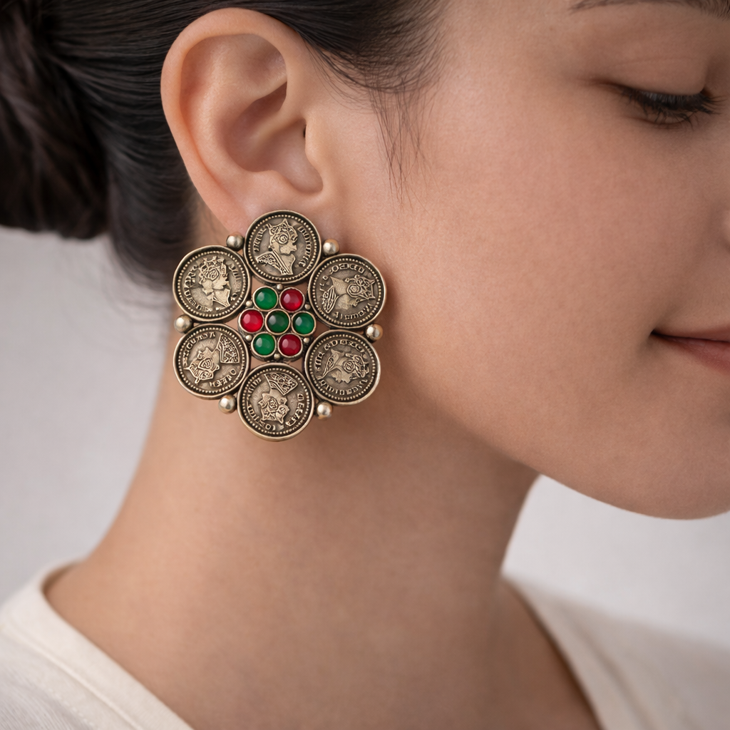 MudraPushp- Silver Brass Oxidised Stud Earrings(Multicolored)