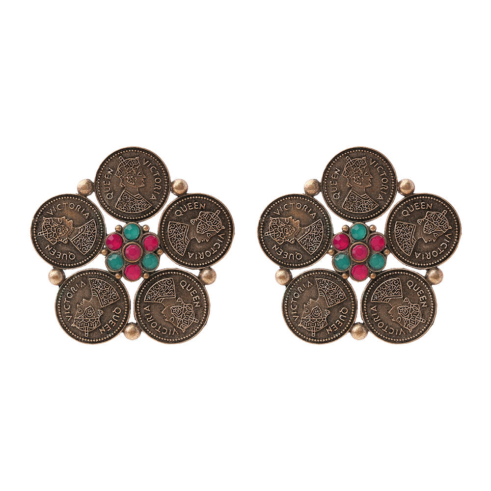 MudraPushp- Silver Brass Oxidised Stud Earrings(Multicolored)
