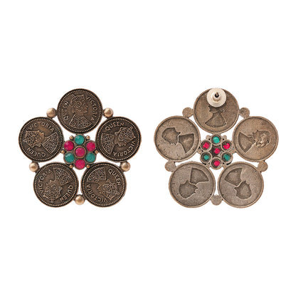 MudraPushp- Silver Brass Oxidised Stud Earrings(Multicolored)