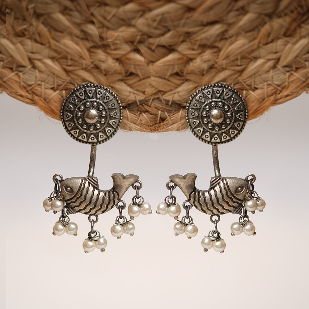 Jalpari- Silver Brass Pearl dangler earrings