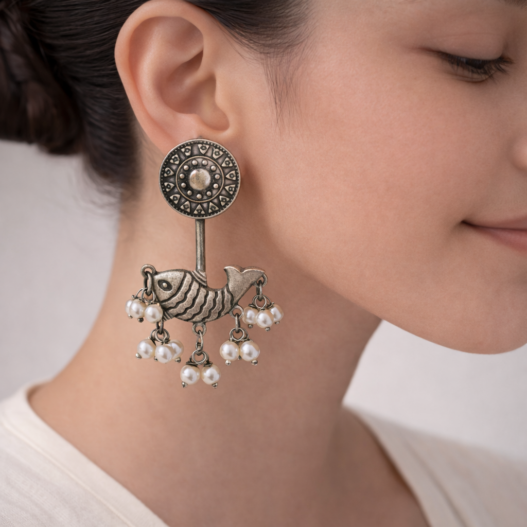 Jalpari- Silver Brass Pearl dangler earrings