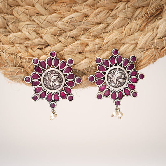 Naadini- Silver Brass Pearl dangler earrings