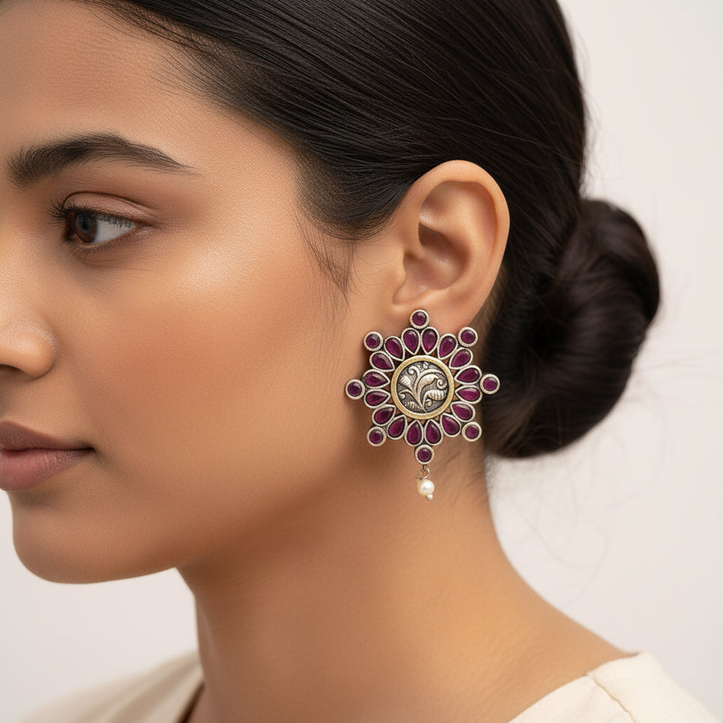 Naadini- Silver Brass Pearl stud earrings