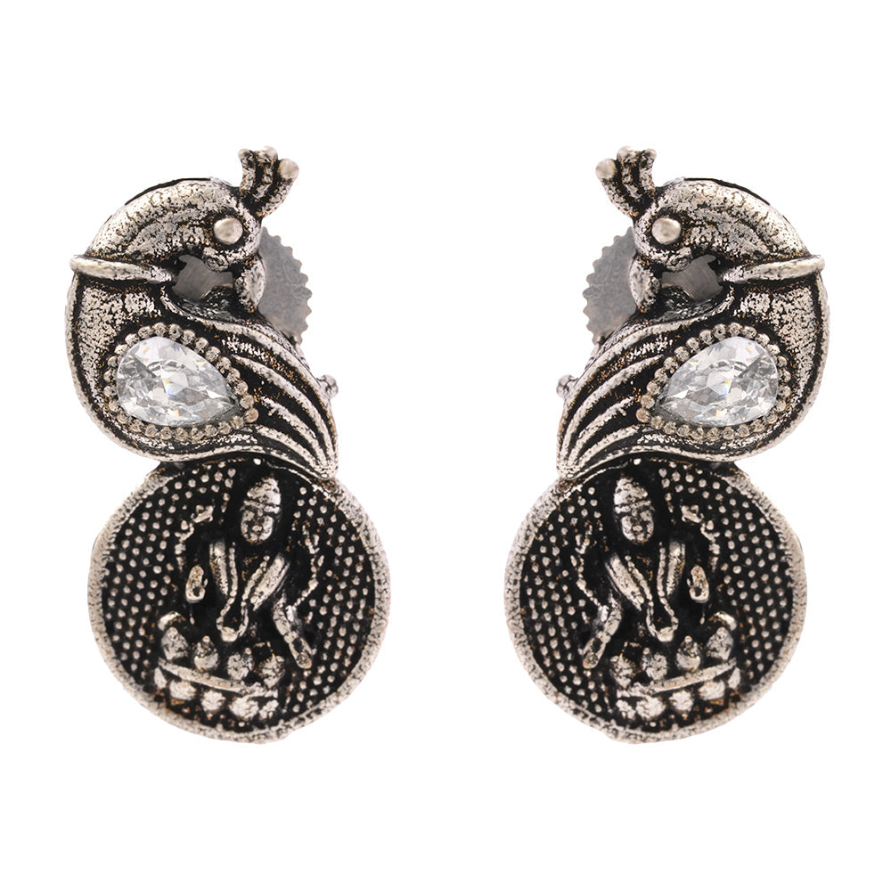 MayurShree- Silver Oxidised Motif Peacock Brass Stud Earrings