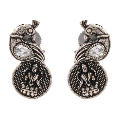 MayurShree- Silver Oxidised Motif Peacock Brass Stud Earrings