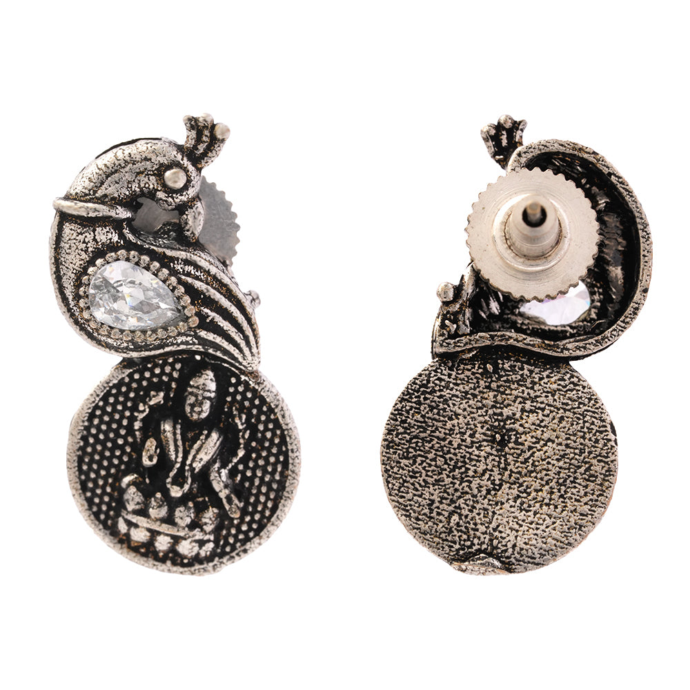MayurShree- Silver Oxidised Motif Peacock Brass Stud Earrings