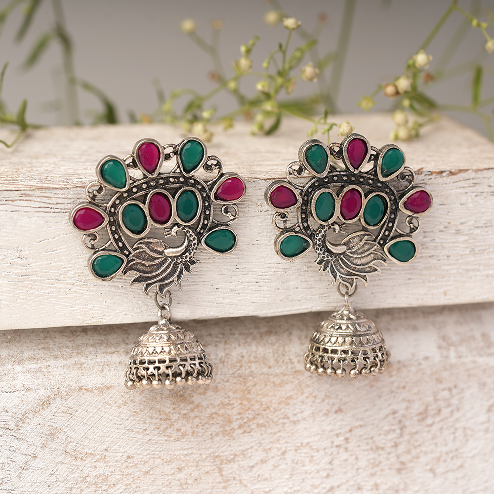 Ratnamor- Silver Brass Oxidised Jhumka earrings