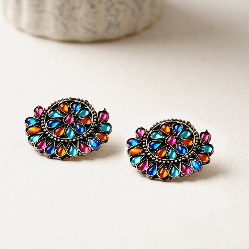 Rangika- Silver oxidised Stone-Studded stud earrings
