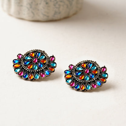 Rangika- Silver oxidised Stone-Studded stud earrings