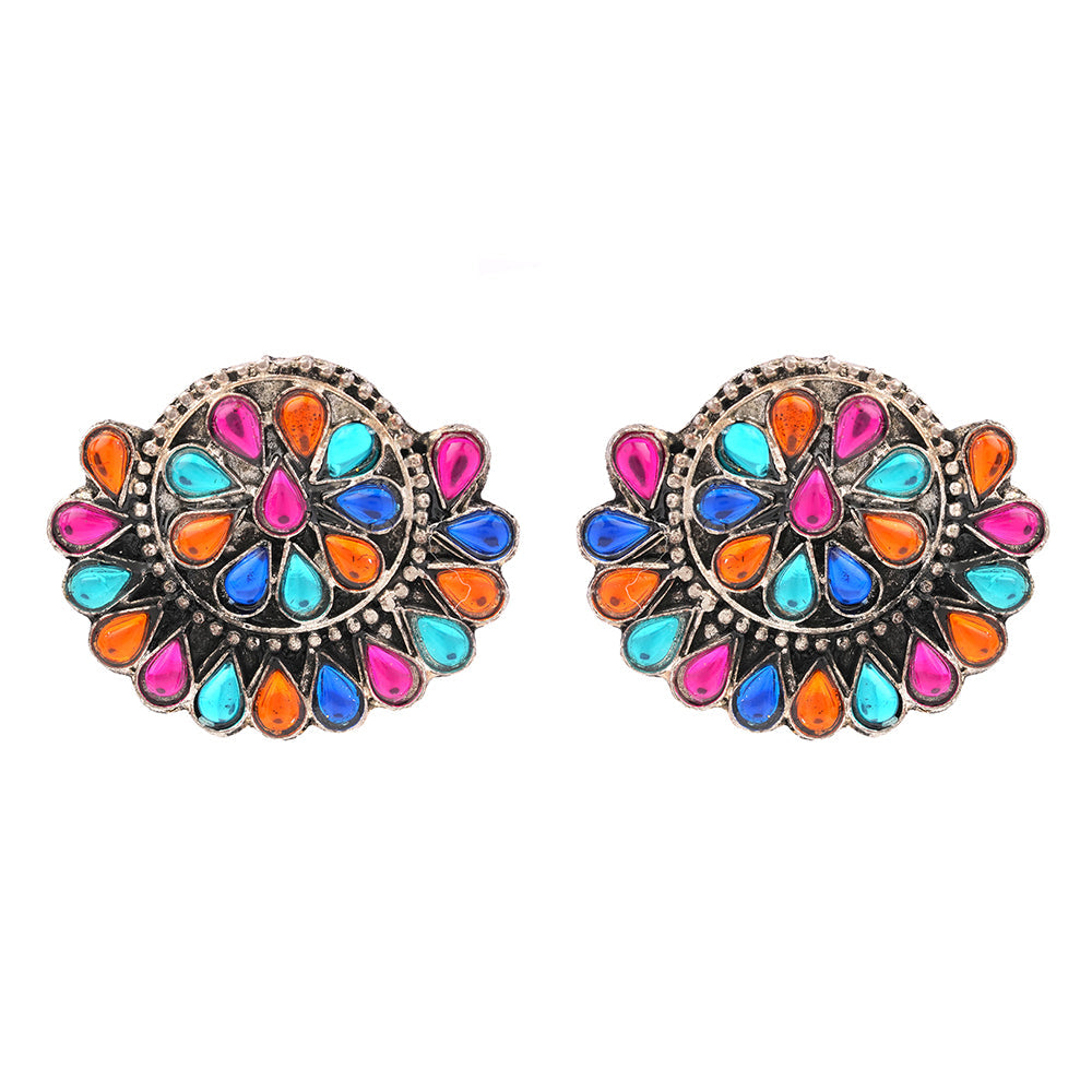 Rangika- Silver oxidised Stone-Studded stud earrings