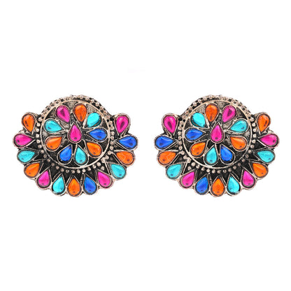 Rangika- Silver oxidised Stone-Studded stud earrings
