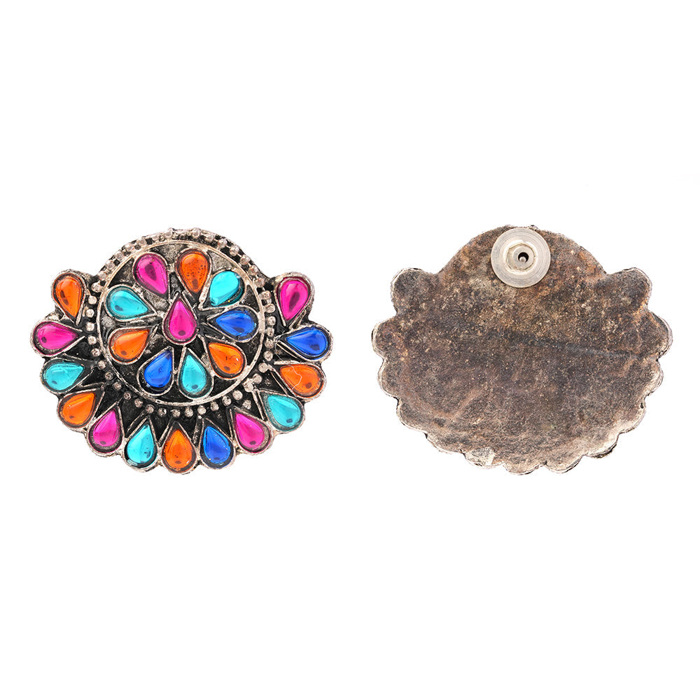 Rangika- Silver oxidised Stone-Studded stud earrings