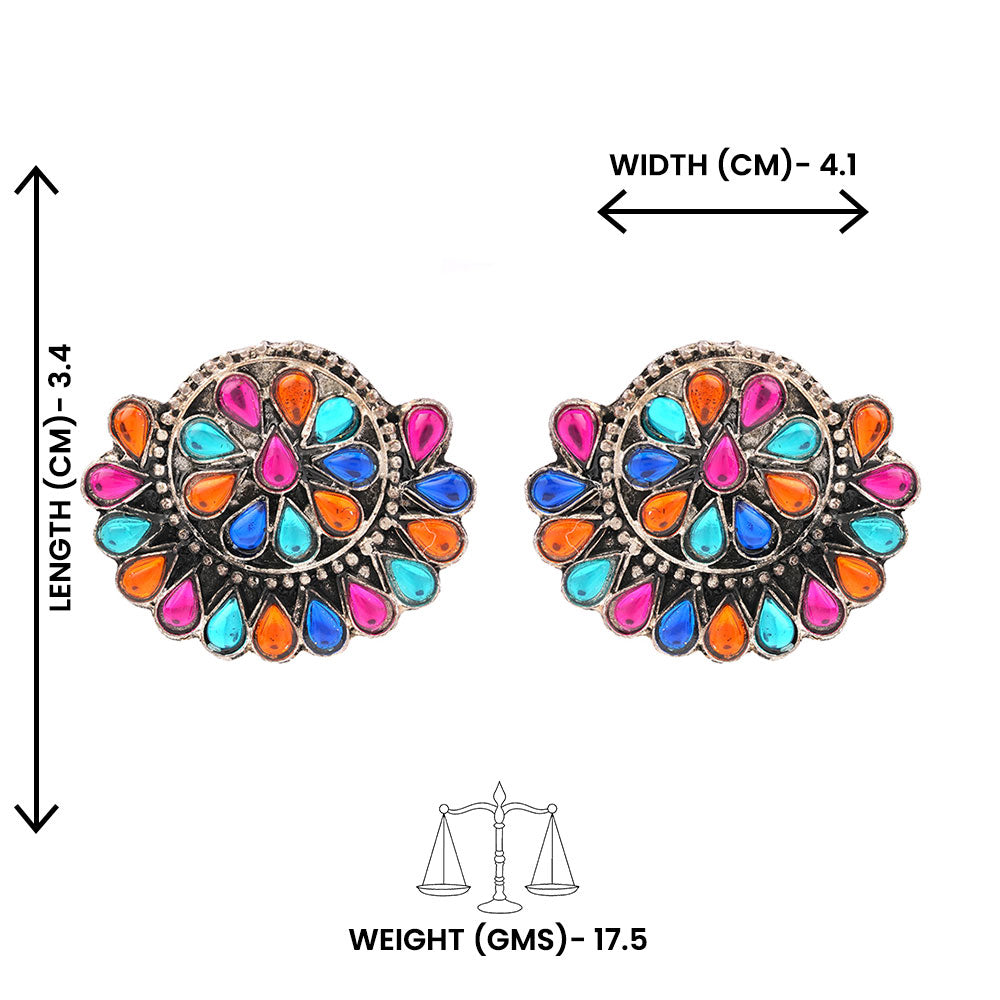 Rangika- Silver oxidised Stone-Studded stud earrings