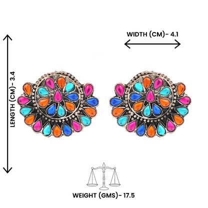 Rangika- Silver oxidised Stone-Studded stud earrings