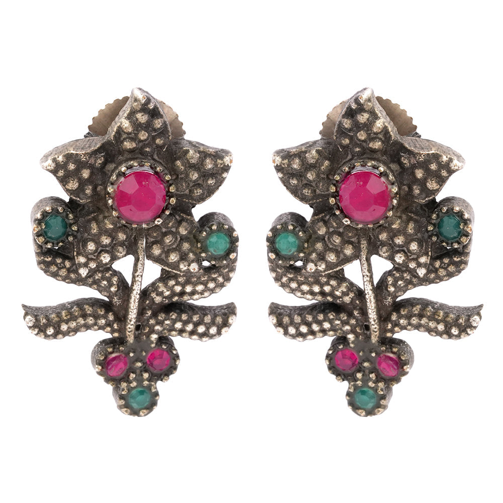 Pushp- Silver oxidised Stone-Studded stud earrings