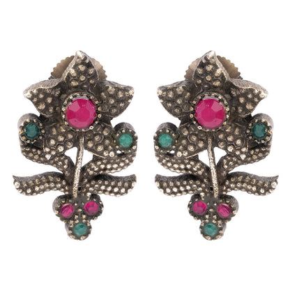 Pushp- Silver oxidised Stone-Studded stud earrings