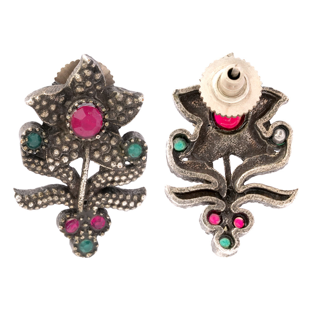 Pushp- Silver oxidised Stone-Studded stud earrings