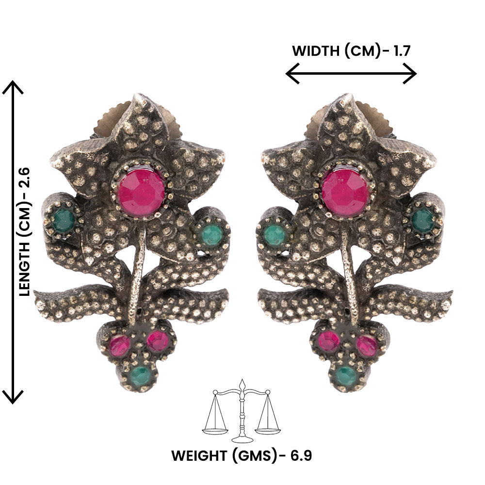 Pushp- Silver oxidised Stone-Studded stud earrings