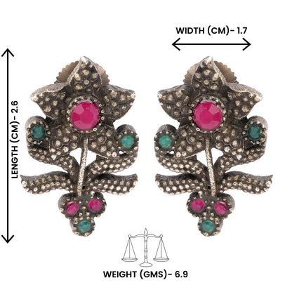 Pushp- Silver oxidised Stone-Studded stud earrings