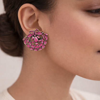 Gulzar- Silver Oxidised Stone-Studded studs