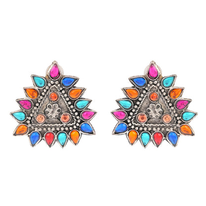 Indrdhanush- Silver oxidised Stone-Studded stud earrings