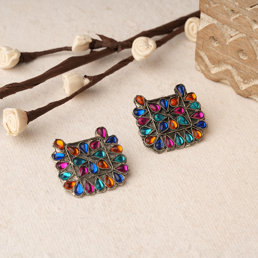 RangTarang- Silver Brass Oxidised Stone-Studded stud earrings