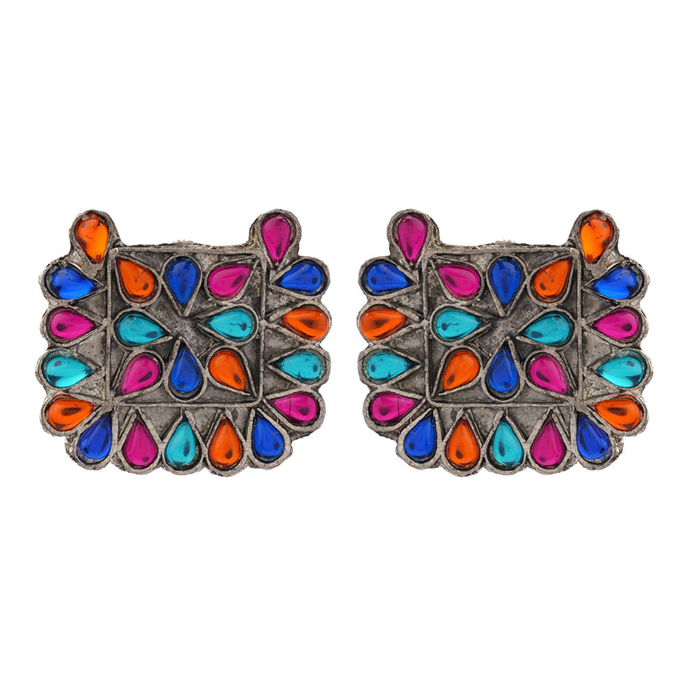 RangTarang- Silver Brass Oxidised Stone-Studded stud earrings