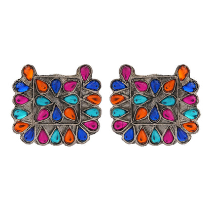 RangTarang- Silver Brass Oxidised Stone-Studded stud earrings